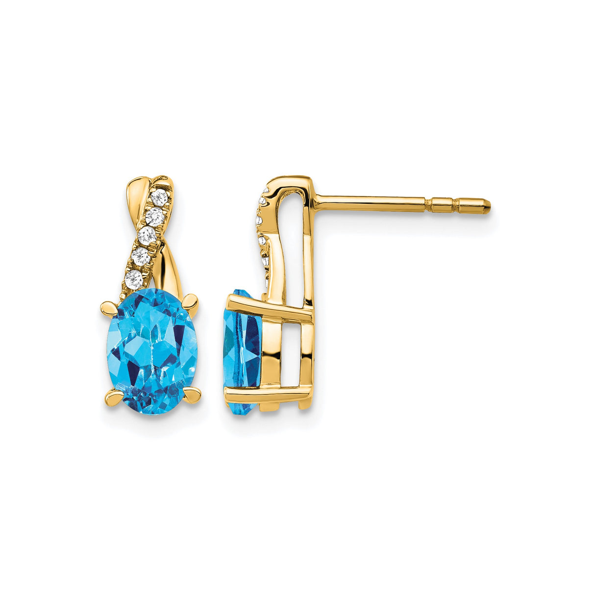 10k Yellow Gold Stud Earrings with Swiss Blue Topaz and Diamond Accents, Ribbon Design