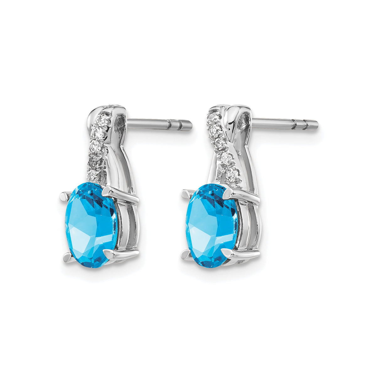 14k White Gold Stud Earrings with Swiss Blue Topaz and Diamond Accents, Oval Cut Minimalist Design