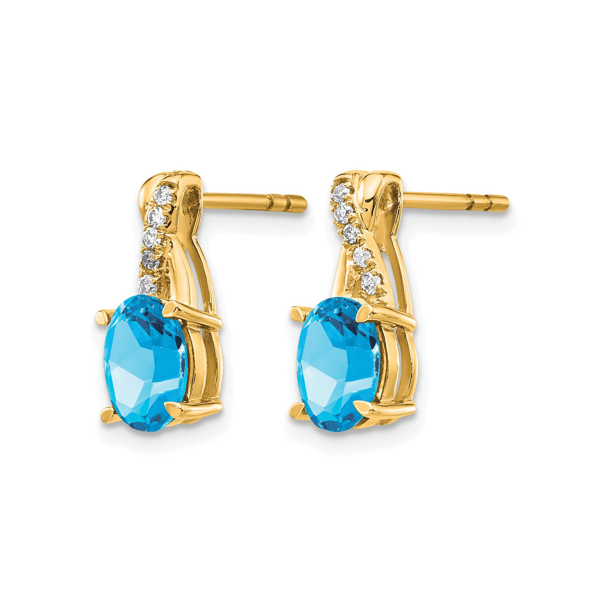 14k Yellow Gold Stud Earrings with Oval Blue Topaz and Diamond Accents, Crossover Design