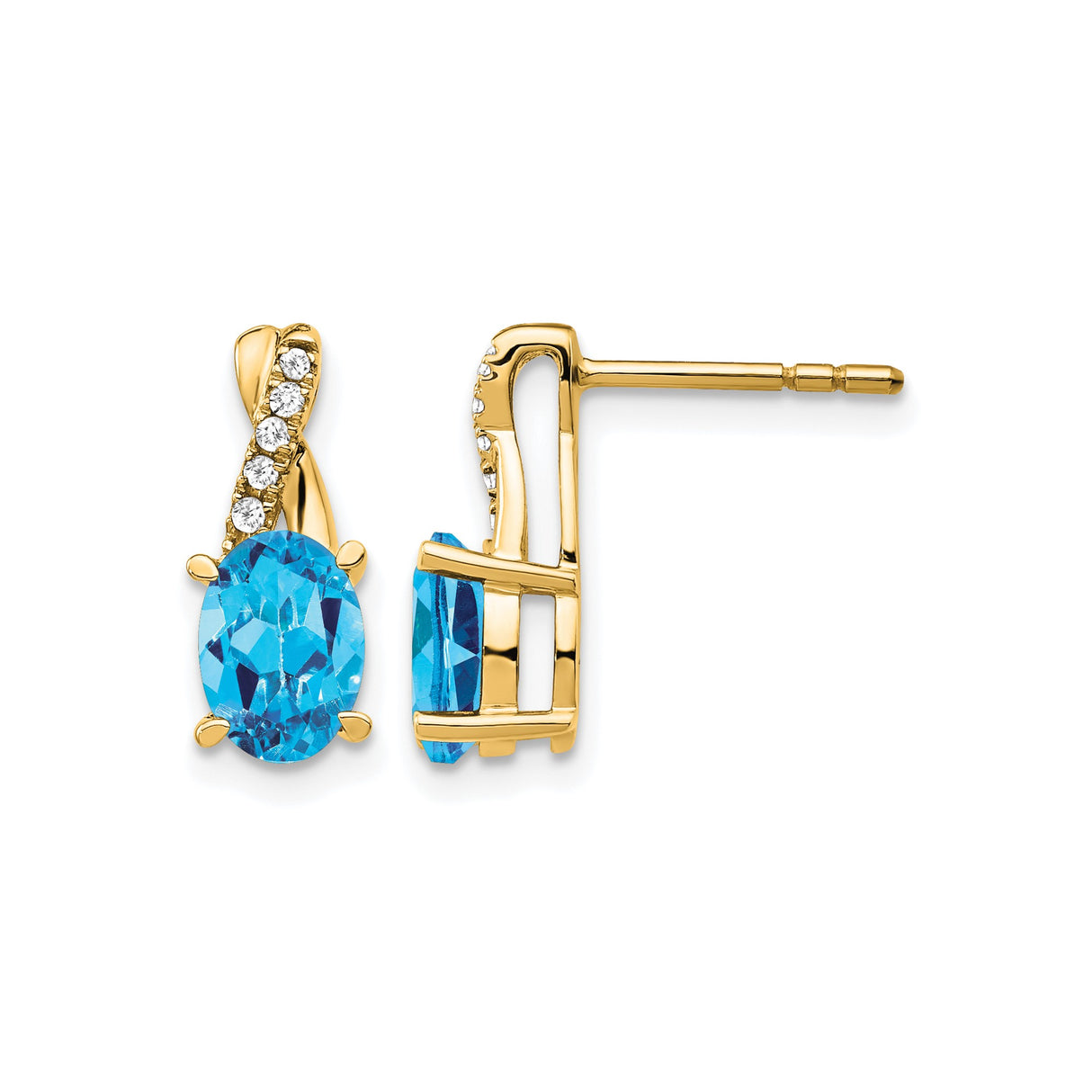 14k Yellow Gold Stud Earrings with Oval Blue Topaz and Diamond Accents, Crossover Design