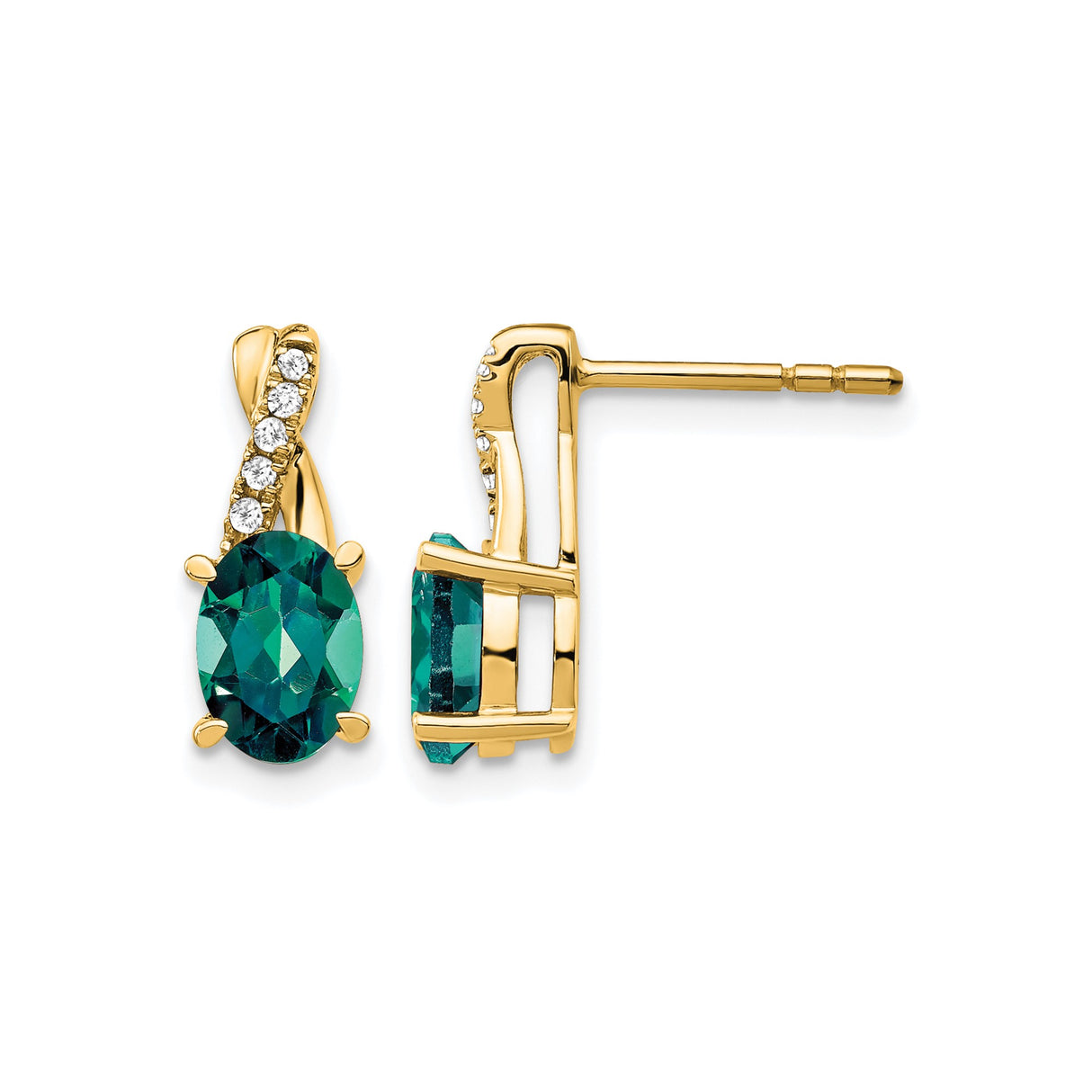 10k Yellow Gold Stud Earrings with Created Alexandrite and Diamond Accents, Ribbon Design