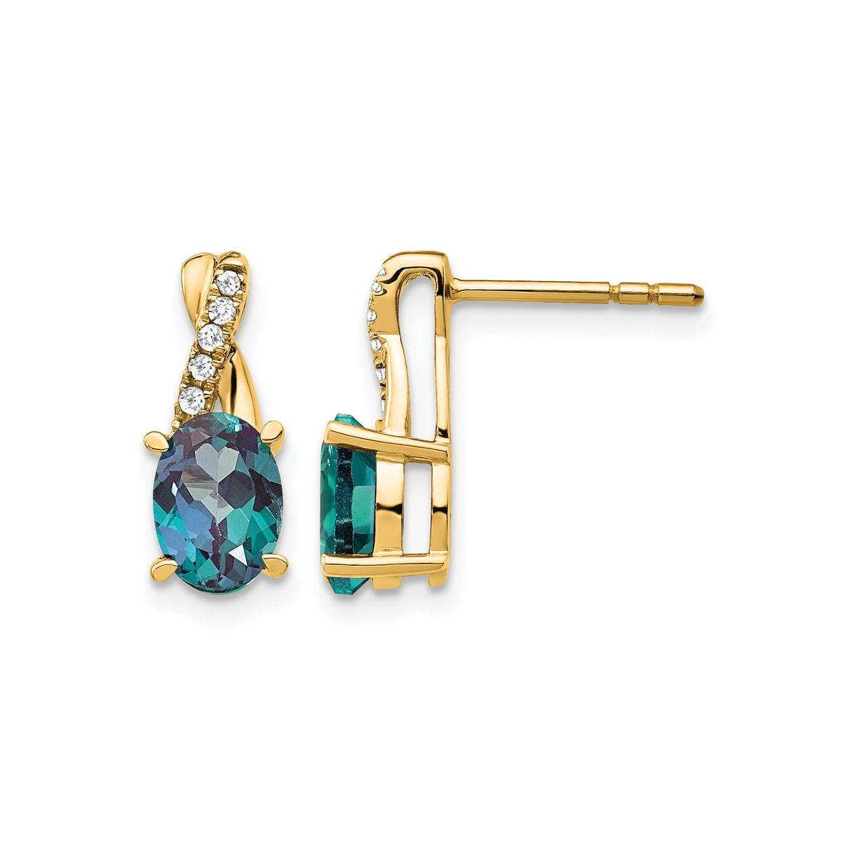 14k Yellow Gold Drop Earrings with Oval Created Alexandrite and Diamond Accents, Twist Design