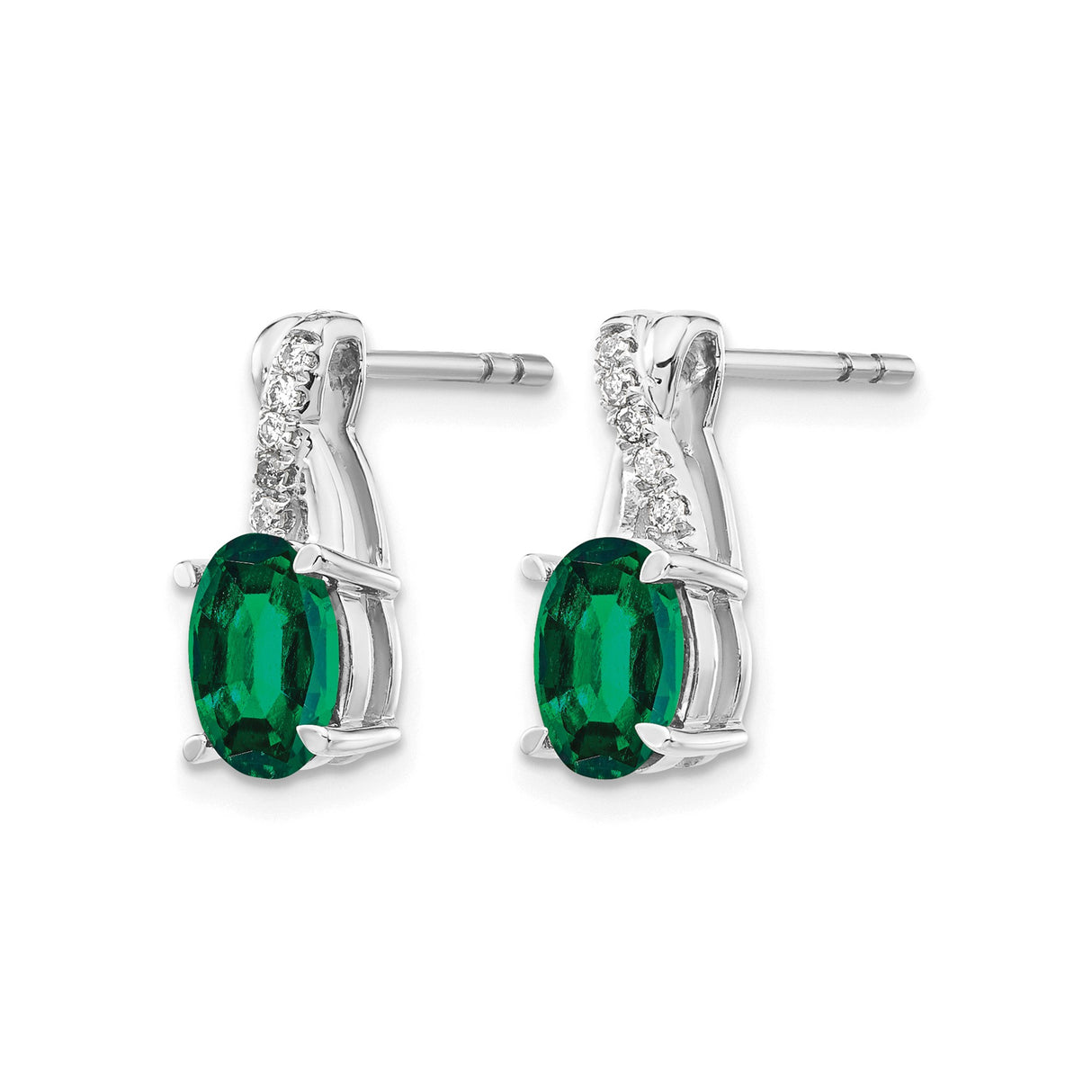 14k White Gold Stud Earrings with Created Emerald, Twist Design and Diamond Accents