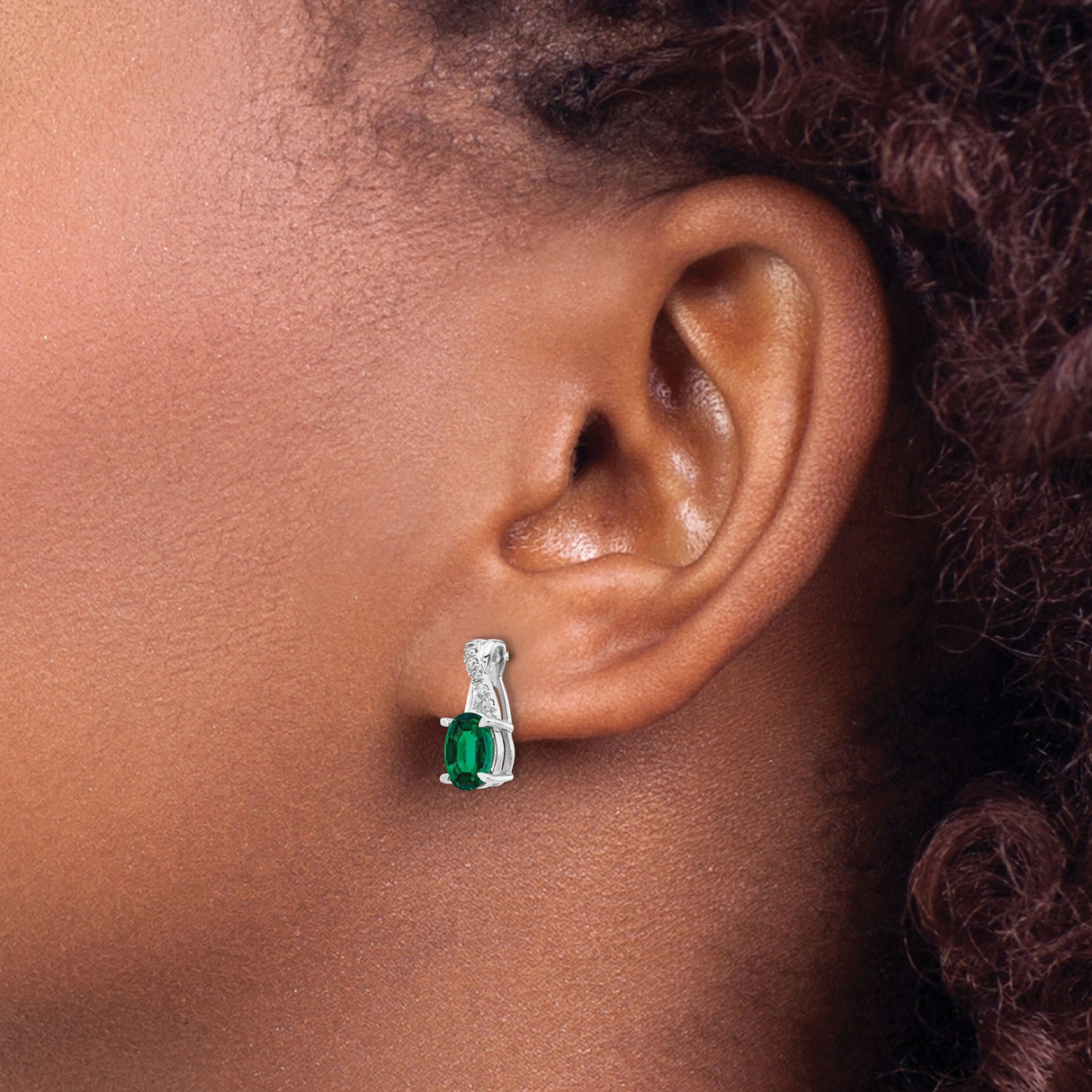 14k White Gold Stud Earrings with Created Emerald, Twist Design and Diamond Accents