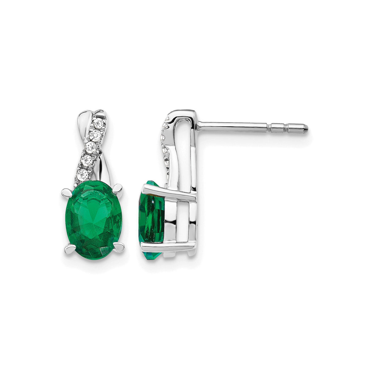 14k White Gold Stud Earrings with Created Emerald, Twist Design and Diamond Accents