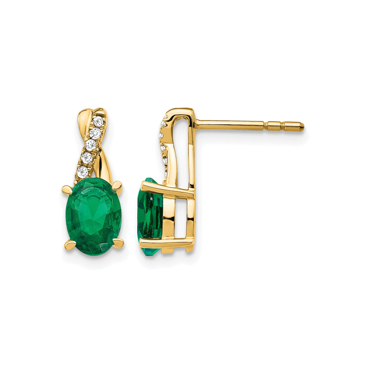 14k Yellow Gold Stud Earrings with Created Emerald and Diamond Accents, Twisted Design