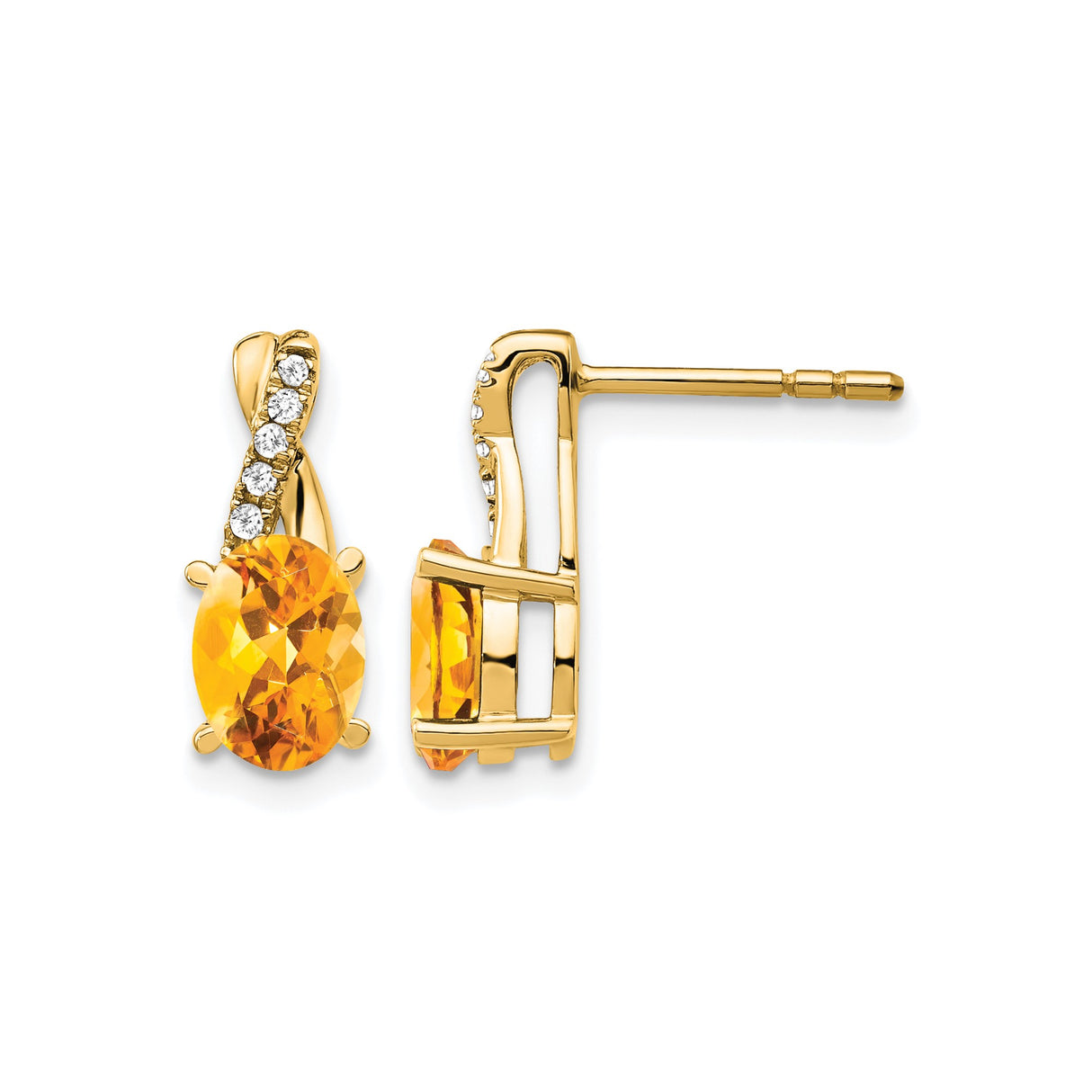 10k Yellow Gold Stud Earrings with Oval Citrine and Diamond Accents, Twist Design