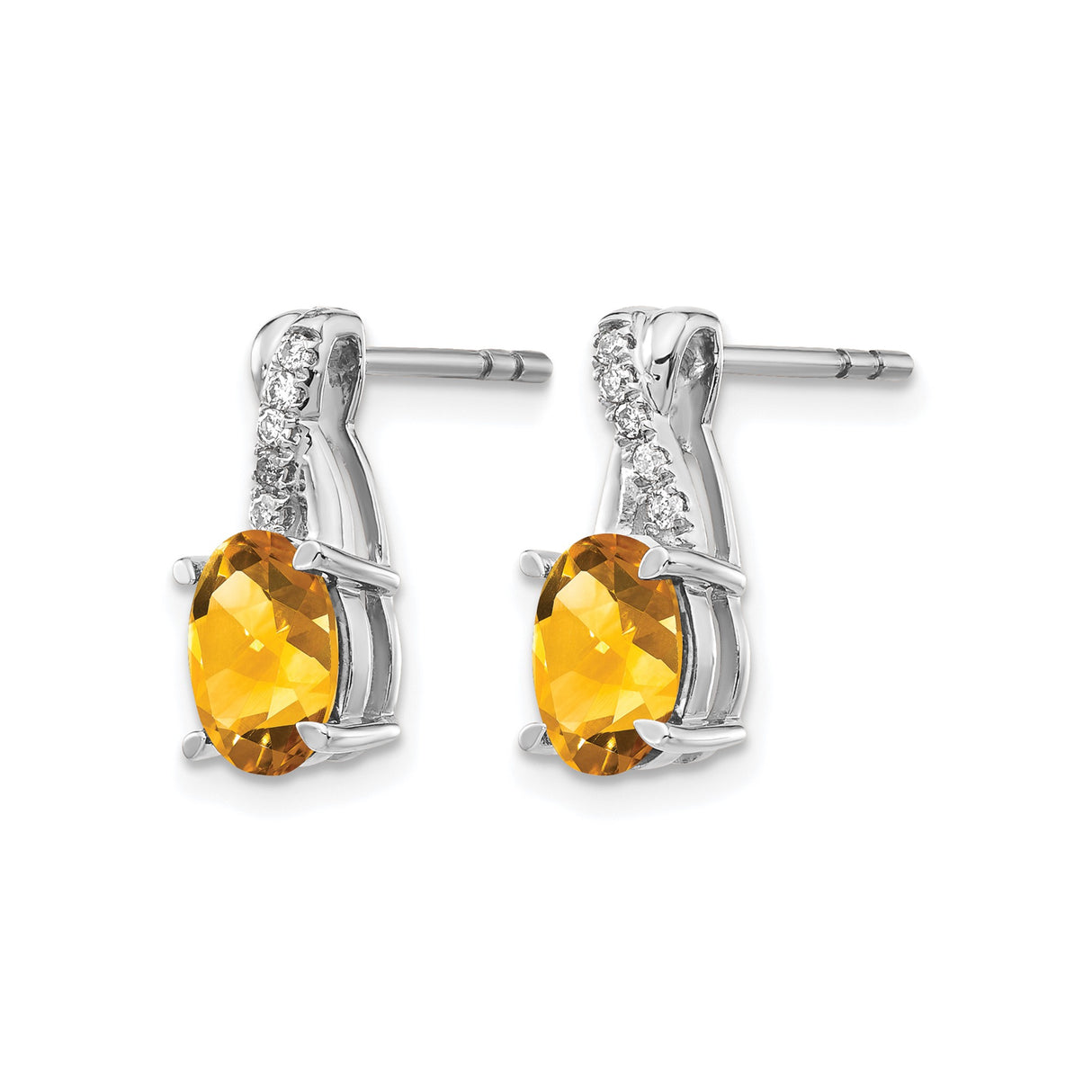 14k White Gold Stud Earrings with Oval Citrine and Diamond Accents, Twisted Design
