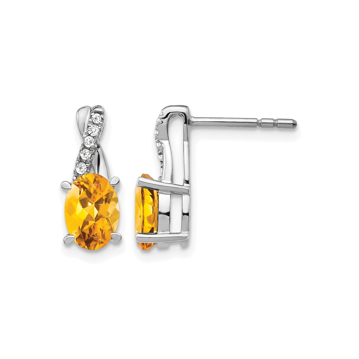 14k White Gold Stud Earrings with Oval Citrine and Diamond Accents, Twisted Design