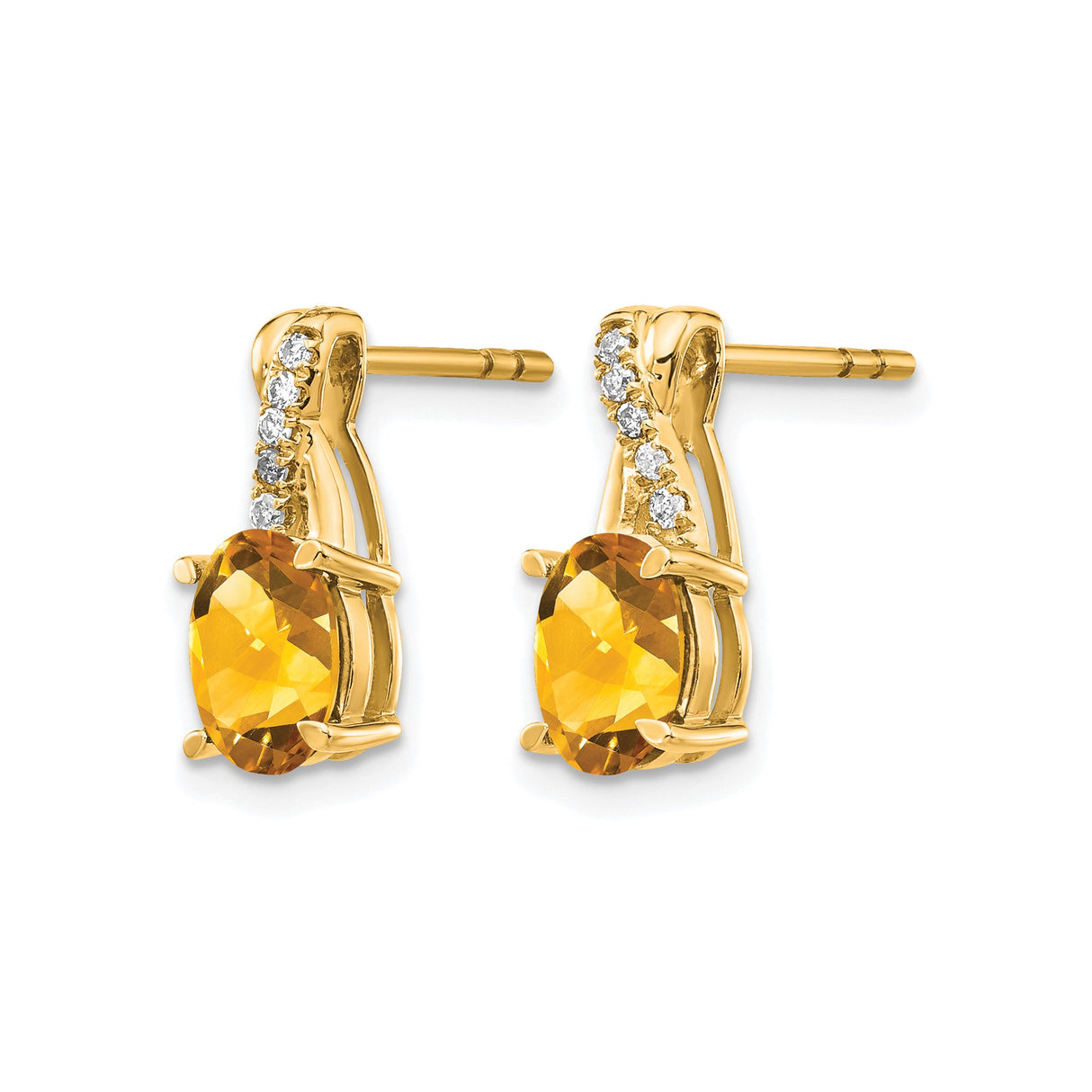 14k Yellow Gold Stud Earrings with Oval Citrine and Diamonds Accents, Curved Design