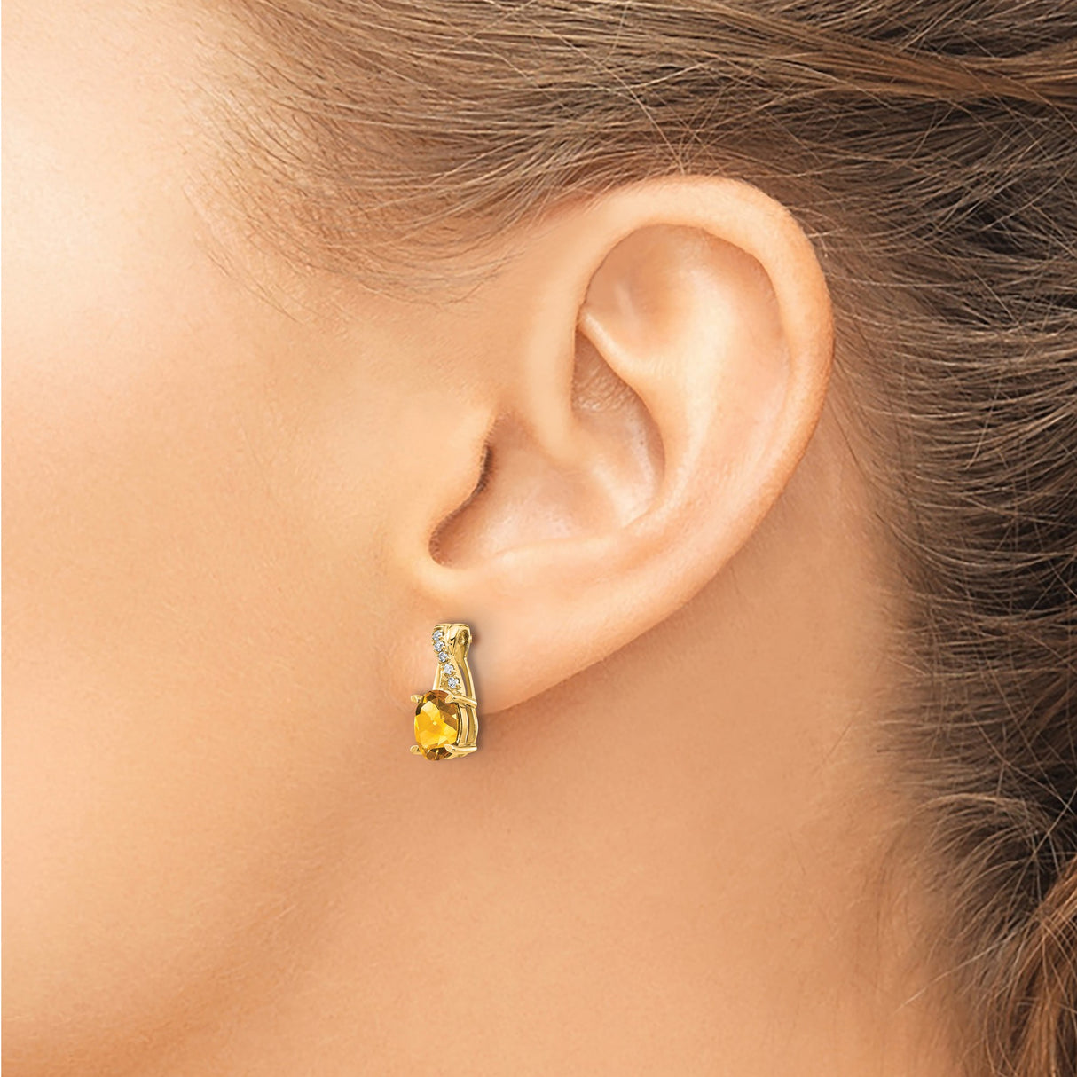 14k Yellow Gold Stud Earrings with Oval Citrine and Diamonds Accents, Curved Design