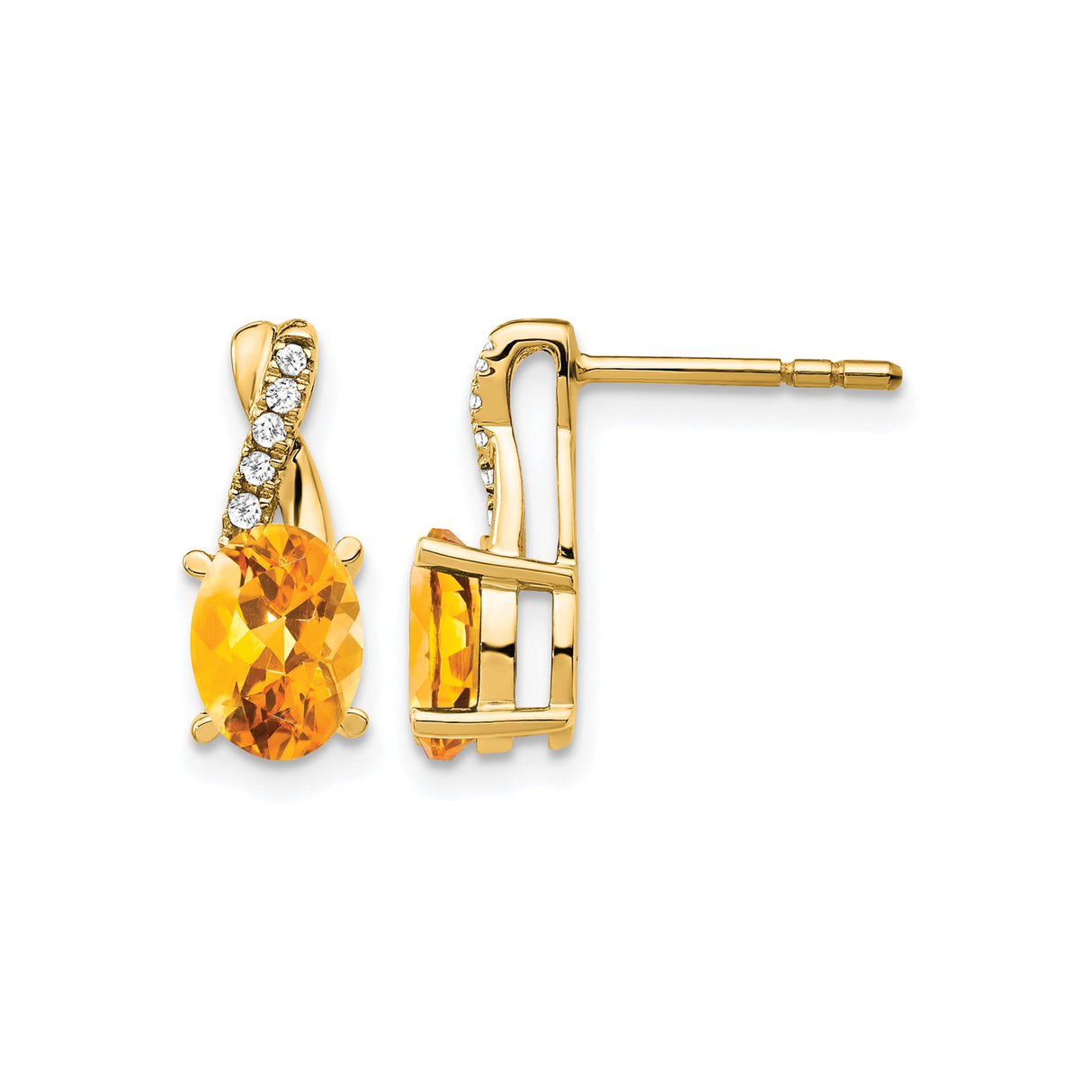 14k Yellow Gold Stud Earrings with Oval Citrine and Cubic Zirconia Accents, Curved Design