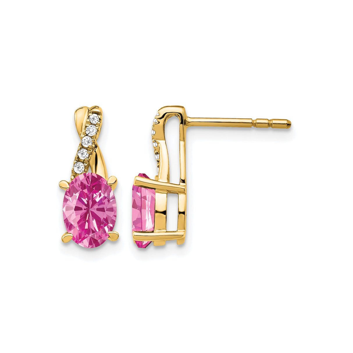 10k Yellow Gold Stud Earrings with Created Pink Sapphire and Diamond Accents, Twist Design