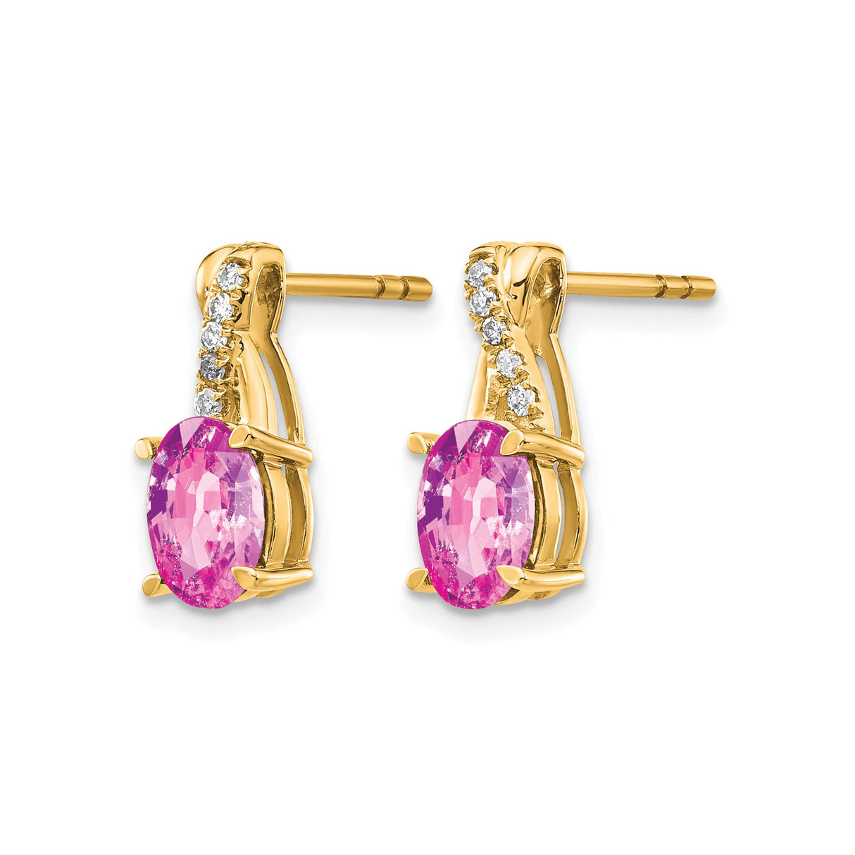 14k Yellow Gold Stud Earrings with Oval Created Pink Sapphire and Diamond Accents, Ribbon Detail