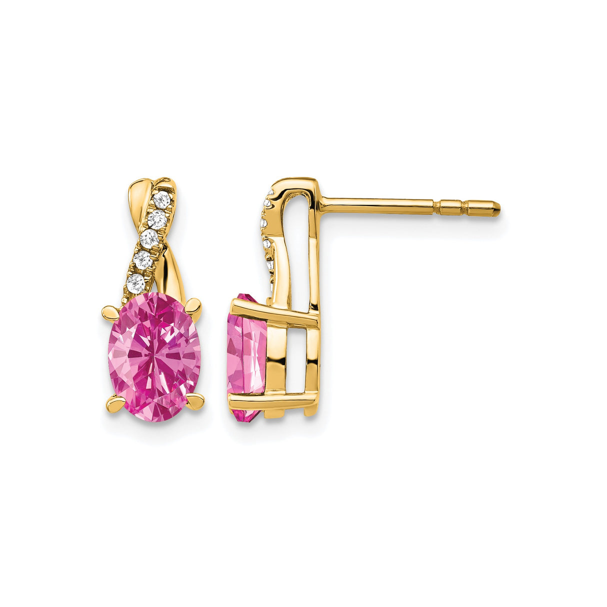 14k Yellow Gold Stud Earrings with Oval Created Pink Sapphire and Diamond Accents, Ribbon Detail