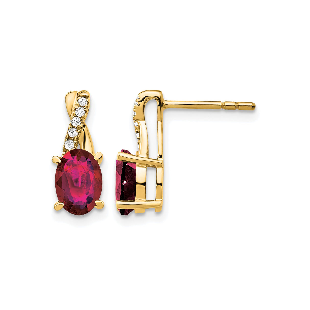 10k Yellow Gold Stud Earrings with Created Ruby and Diamond Accents, Twisted Design