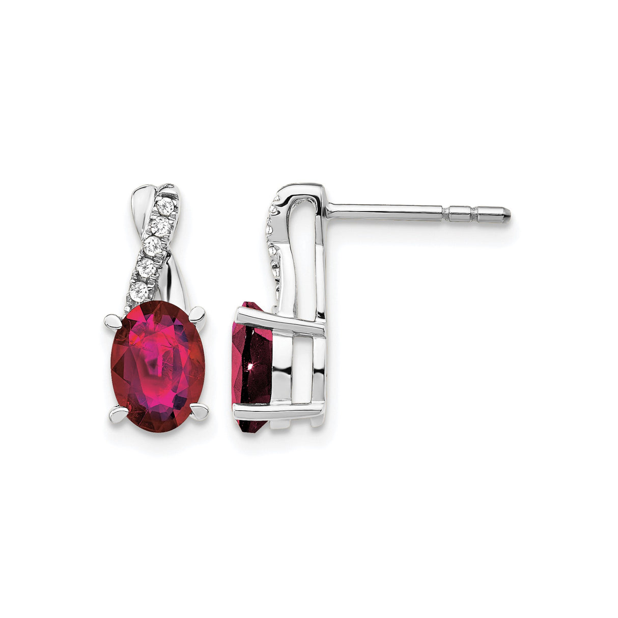 14k White Gold Ruby Stud Earrings with Twisted Design and Diamond Accents