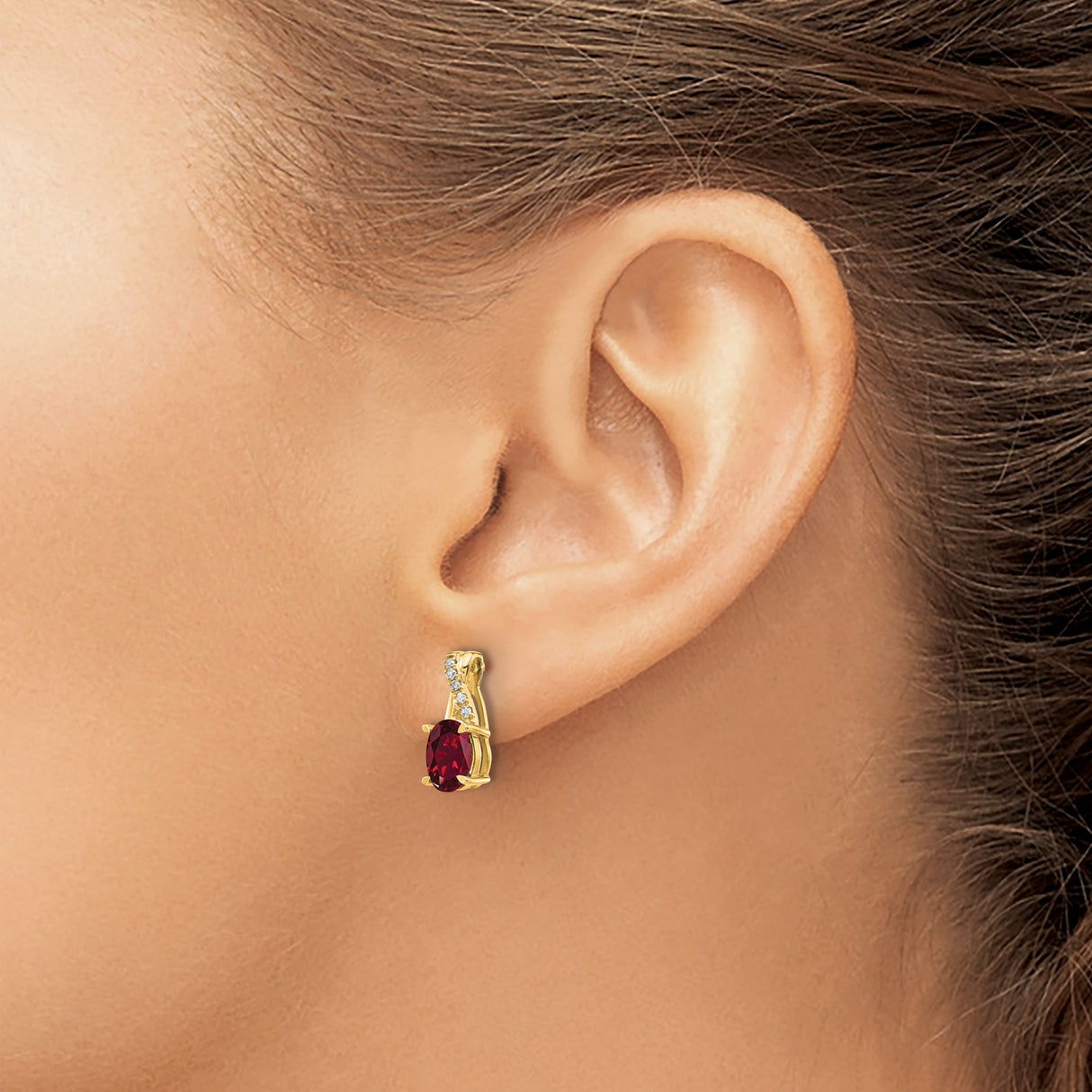 14k Yellow Gold Stud Earrings with Created Ruby and Diamond Accents, Curved Design