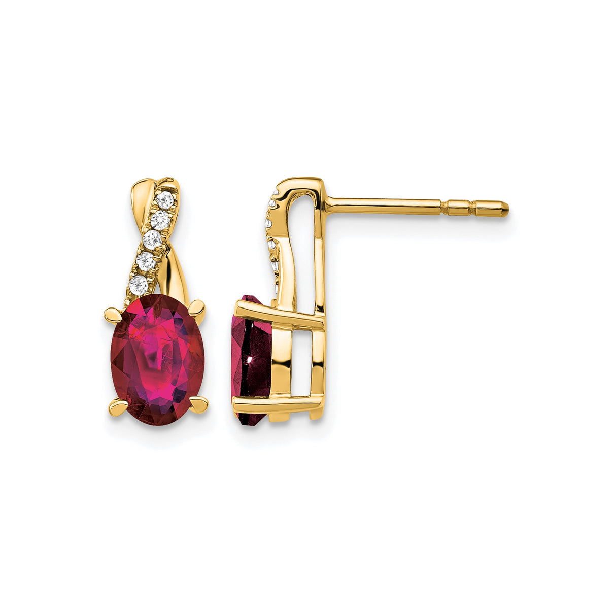 14k Yellow Gold Stud Earrings with Created Ruby and Diamond Accents, Curved Design