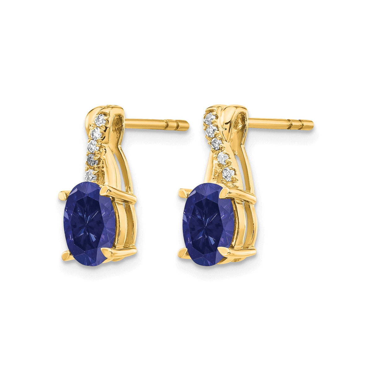 14k Yellow Gold Stud Earrings with Created Sapphire and Diamond Accents, Classic Oval Design