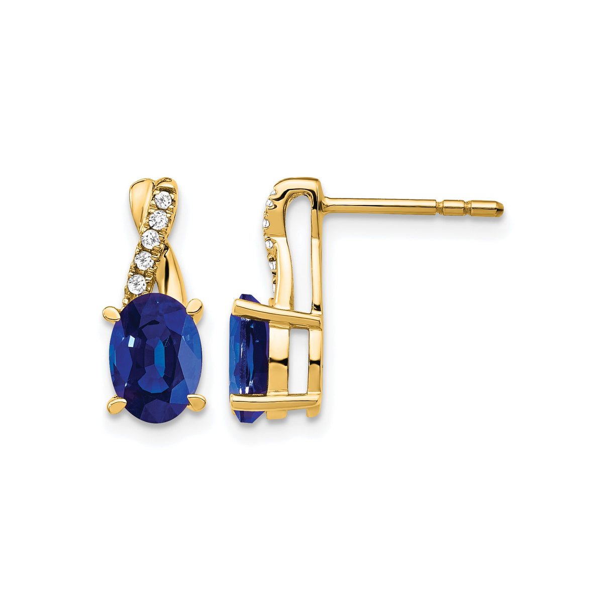 14k Yellow Gold Stud Earrings with Created Sapphire and Diamond Accents, Classic Oval Design