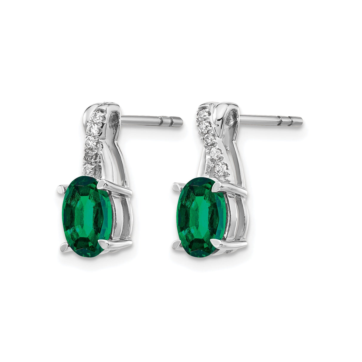 14k White Gold Stud Earrings with Oval Created Emerald and Diamond Accents, Crossover Design