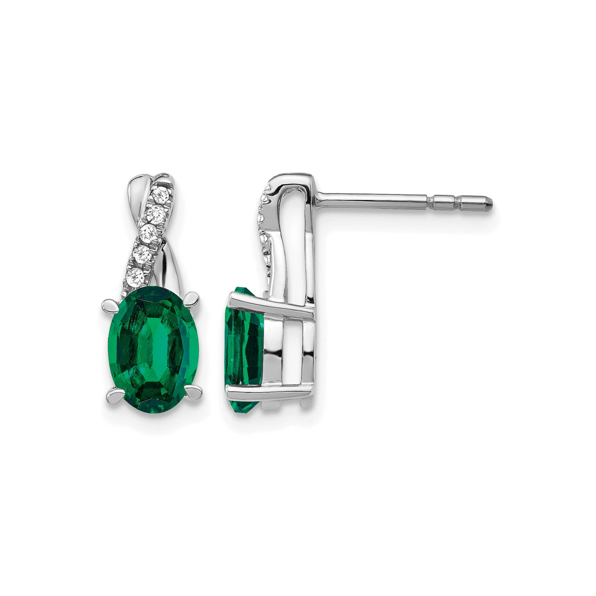 14k White Gold Stud Earrings with Oval Created Emerald and Diamond Accents, Crossover Design