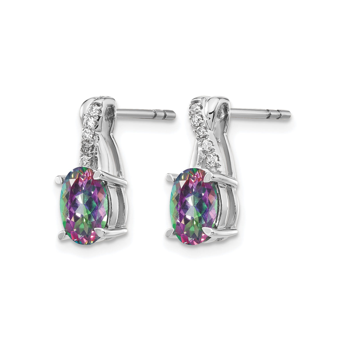 14k White Gold Stud Earrings with Oval Mystic Fire Topaz and Diamond Twist Design