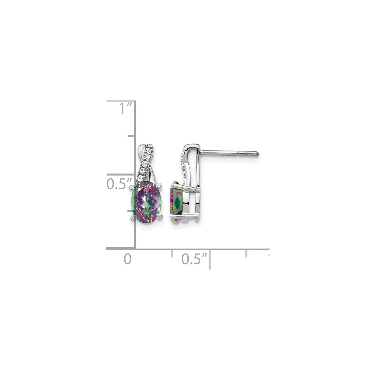14k White Gold Stud Earrings with Oval Mystic Fire Topaz and Diamond Twist Design
