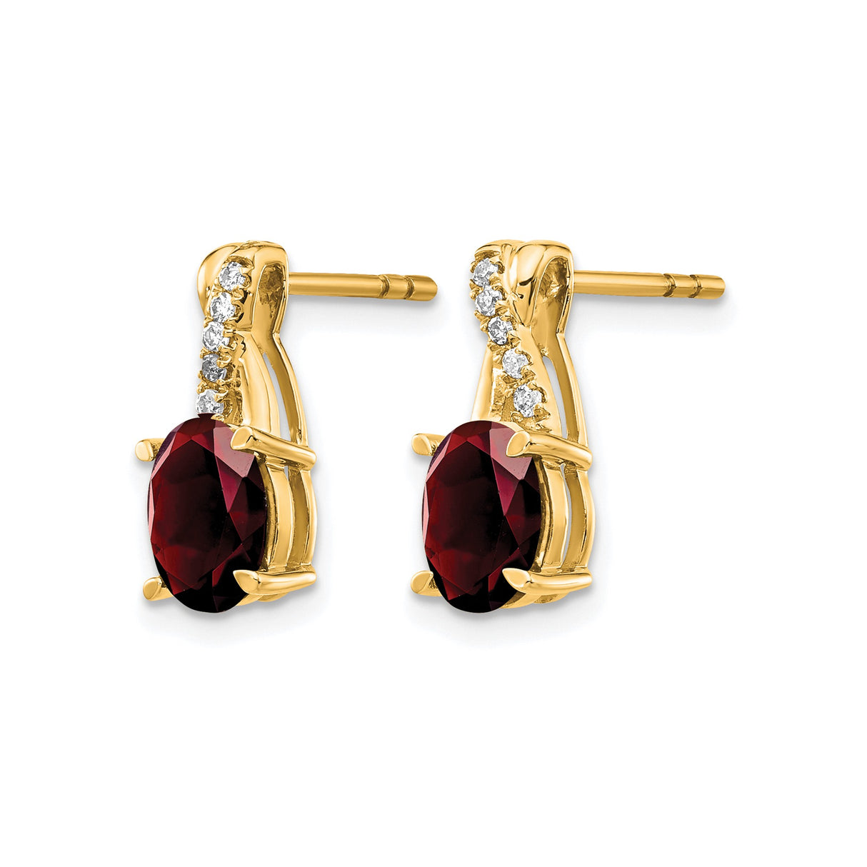 10k Yellow Gold Stud Earrings with Garnet and Diamonds Accents, Formal Polished Design
