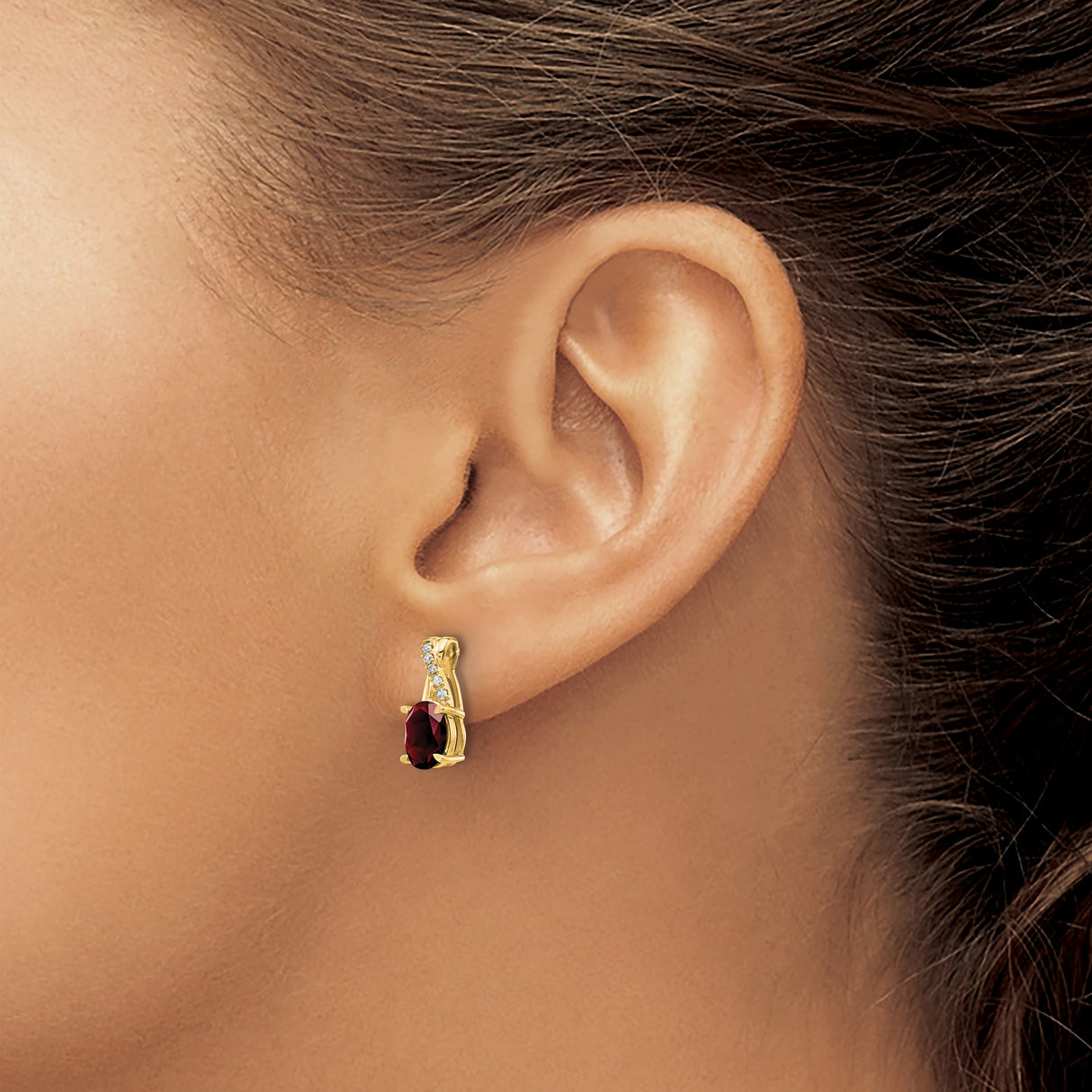 10k Yellow Gold Stud Earrings with Garnet and Diamonds Accents, Formal Polished Design