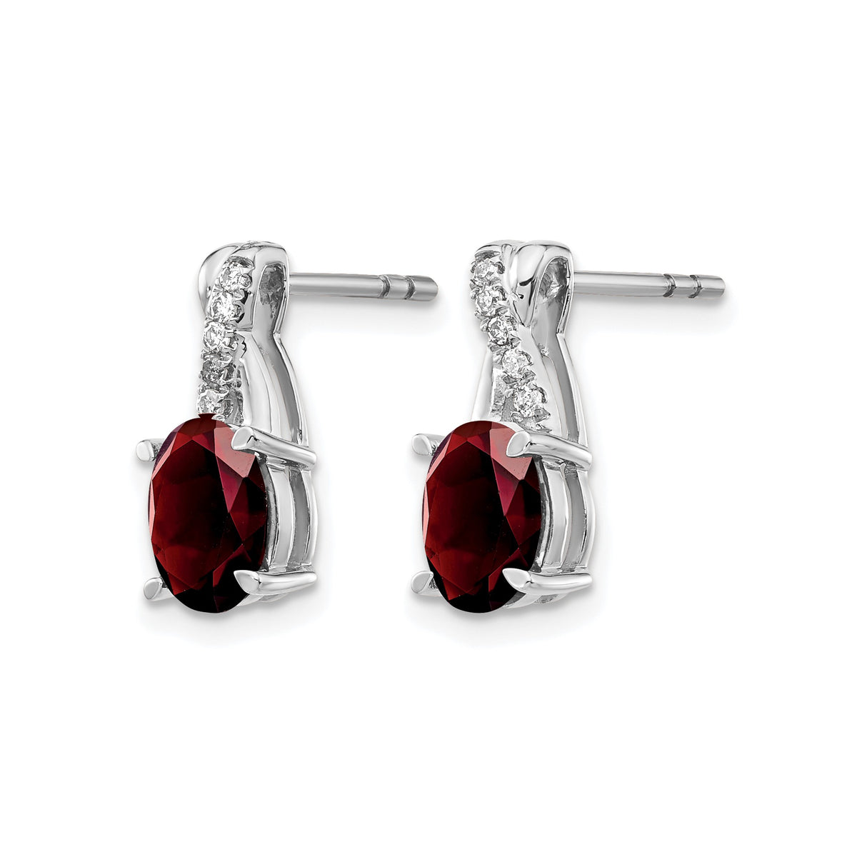 14k White Gold Stud Earrings with Oval Garnet and Diamond Accents, Curved Design
