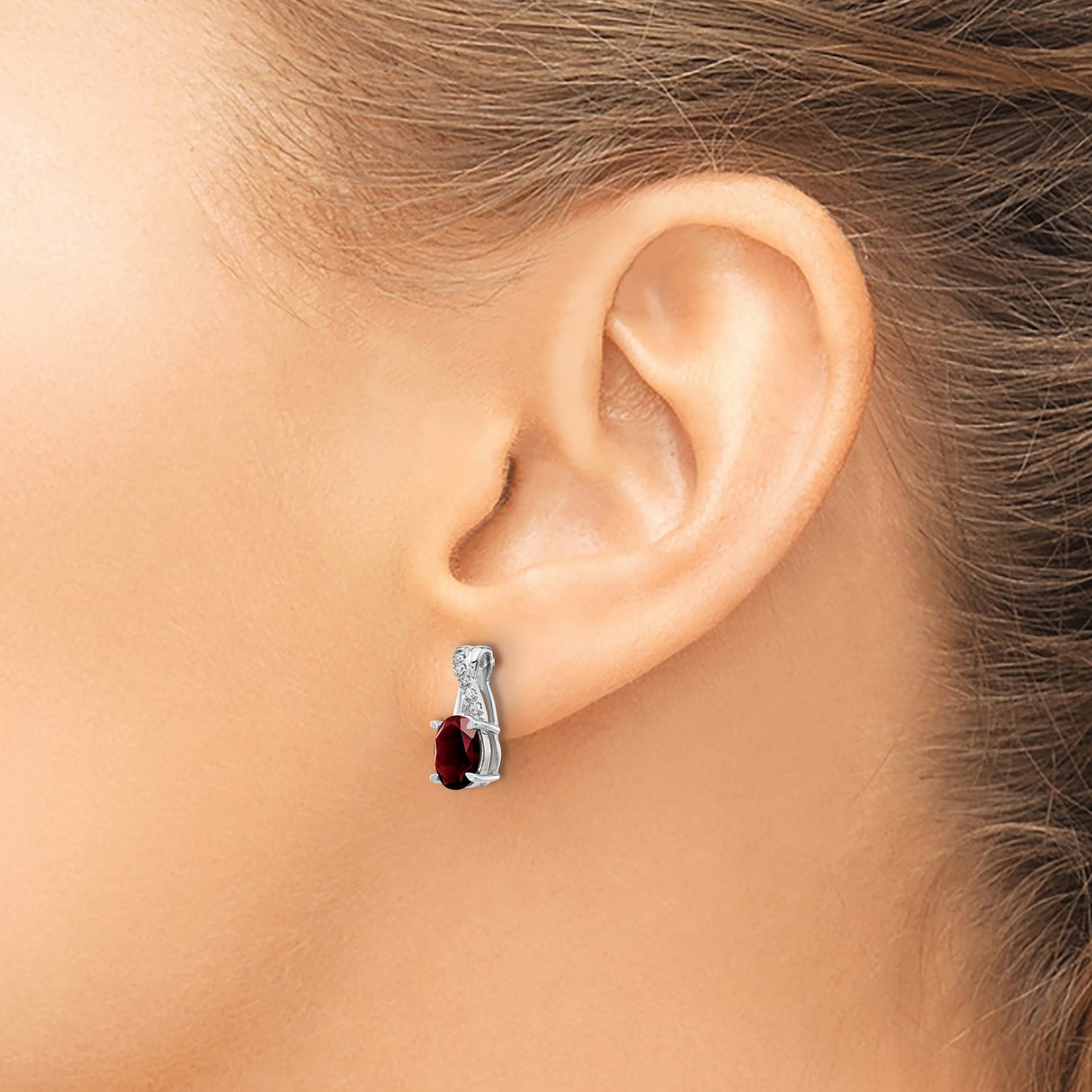 14k White Gold Stud Earrings with Oval Garnet and Diamond Accents, Curved Design