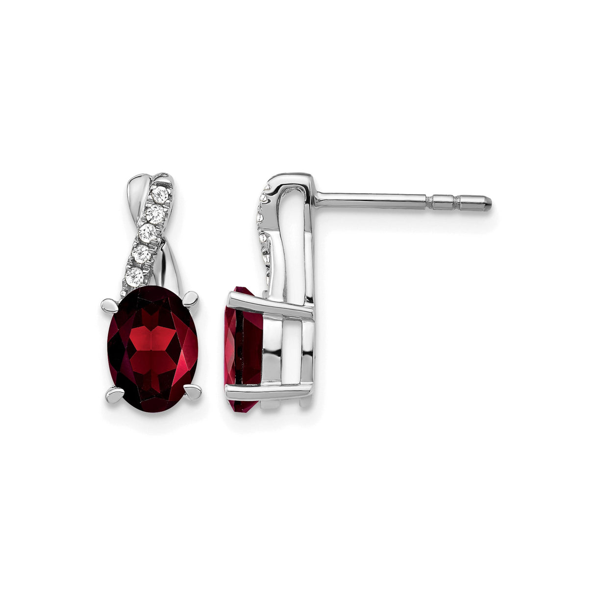 14k White Gold Stud Earrings with Oval Garnet and Diamond Accents, Curved Design