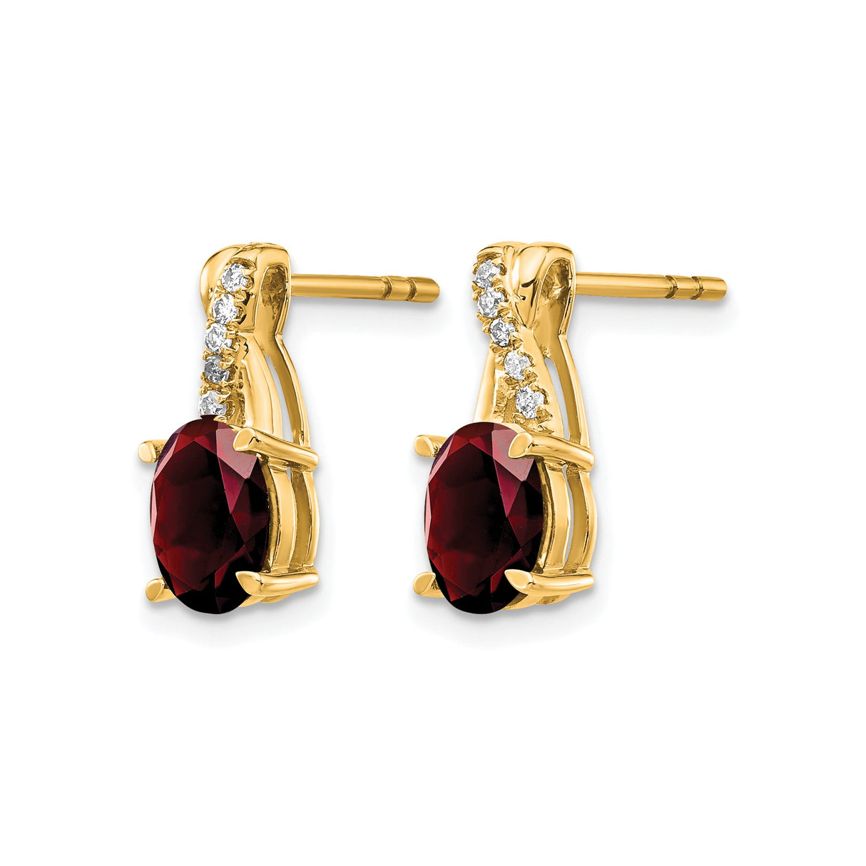 14k Yellow Gold Stud Earrings with Oval Garnet and Diamond Accents, Curved Setting, January Birthstone