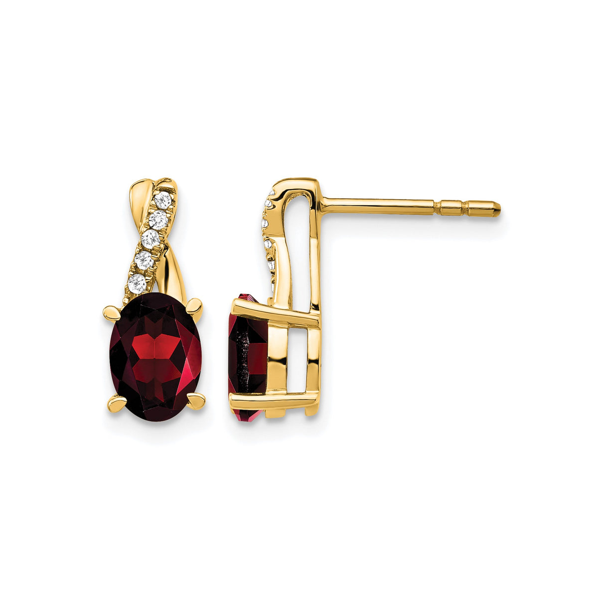 14k Yellow Gold Stud Earrings with Oval Garnet and Diamond Accents, Curved Setting, January Birthstone