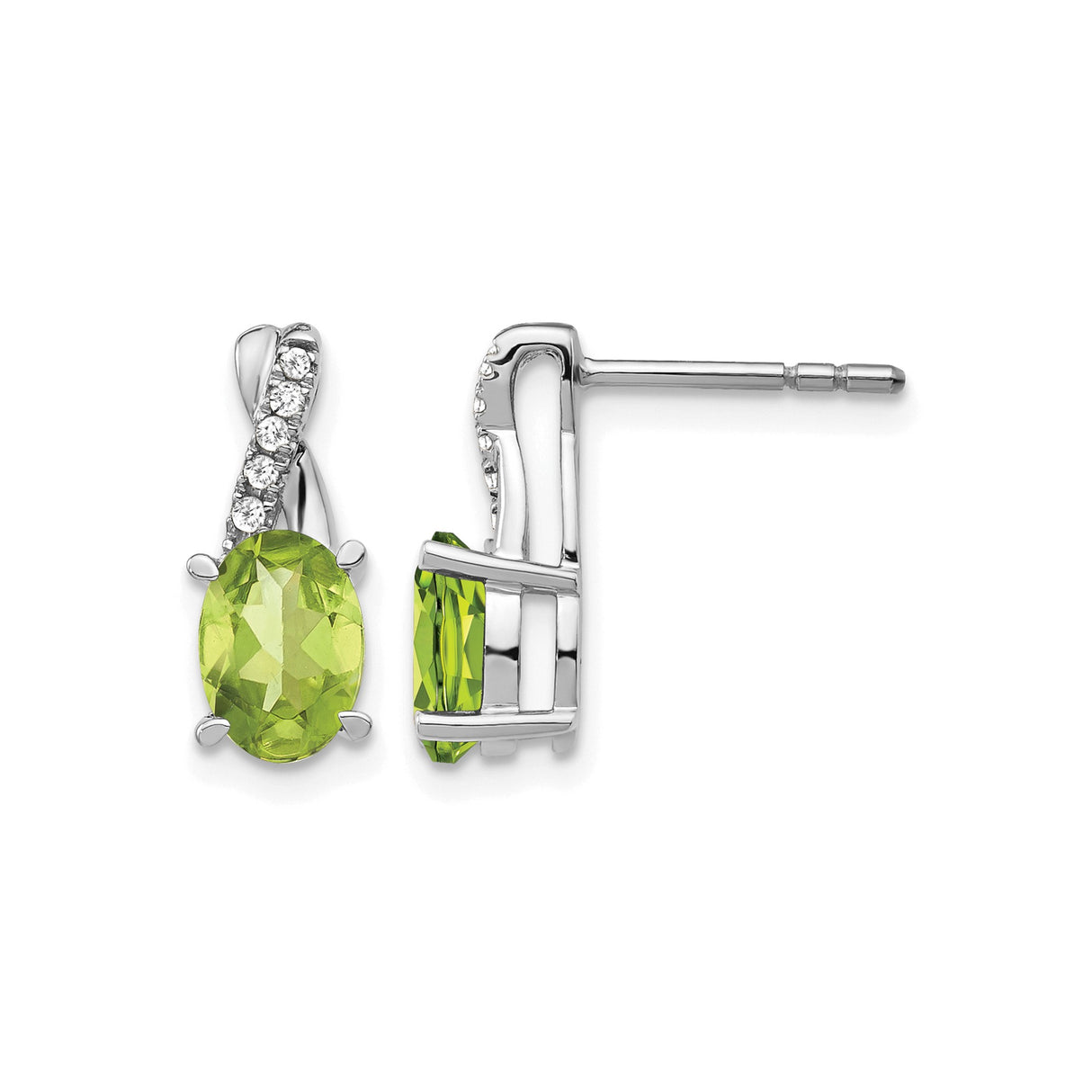 14k White Gold Earrings with Oval Peridot and Diamond Accents, Twist Design Studs
