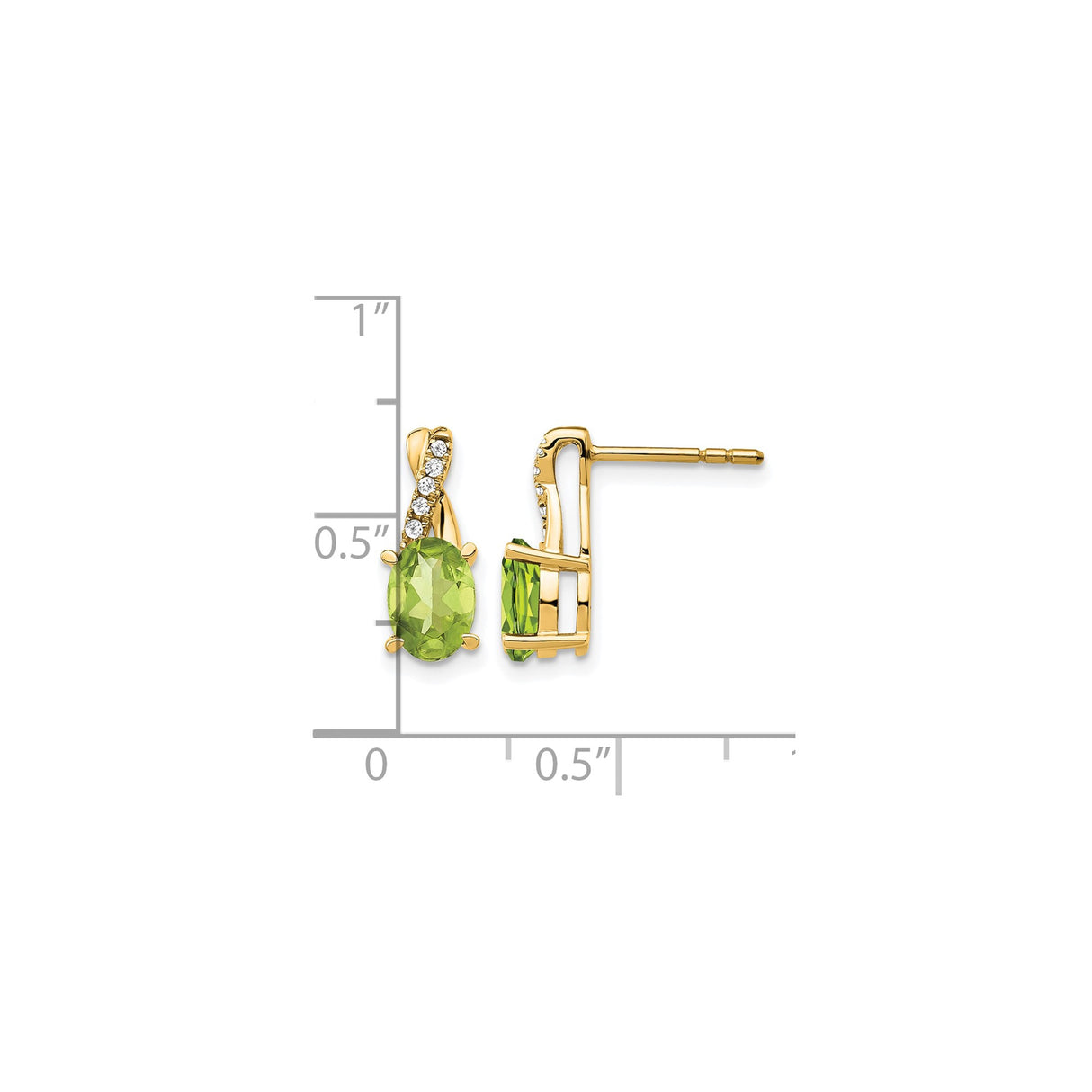 14k Yellow Gold Peridot Stud Earrings with Diamond Accents, Crossover Design