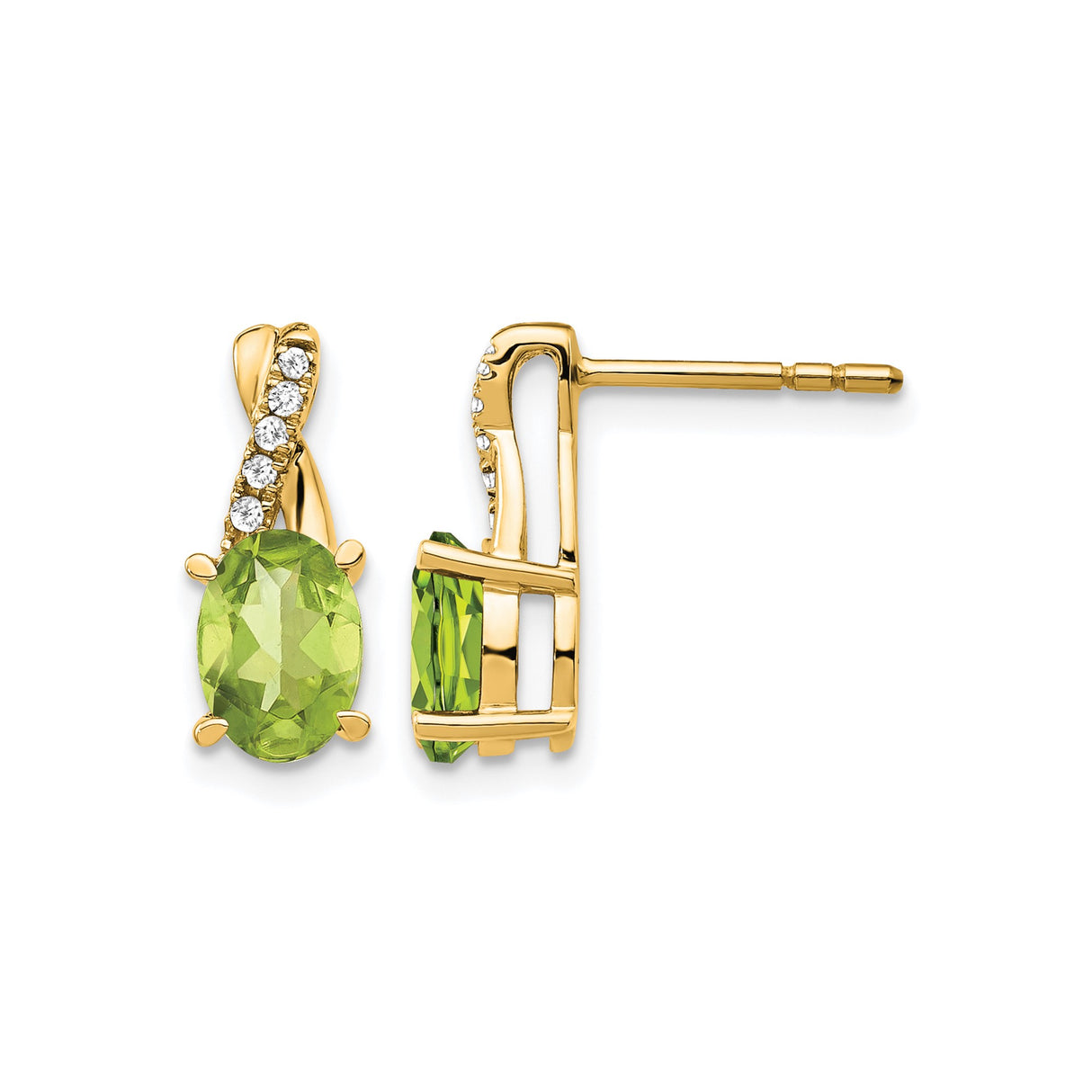 14k Yellow Gold Peridot Stud Earrings with Diamond Accents, Crossover Design