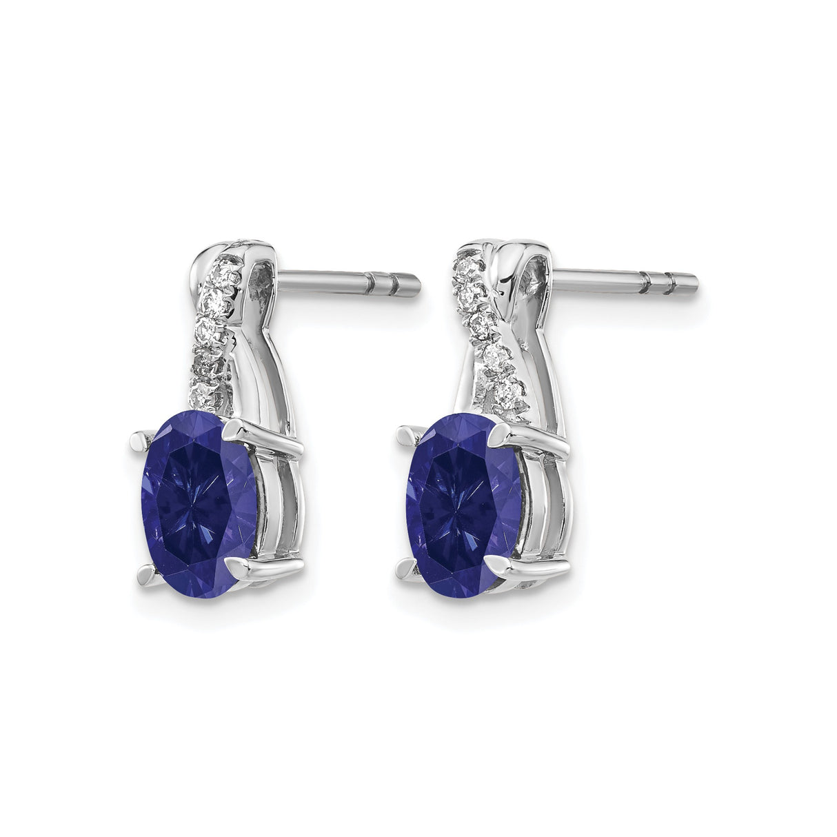 14k White Gold Drop Earrings with Oval Cut Sapphire and Diamond Accents in Crossover Design