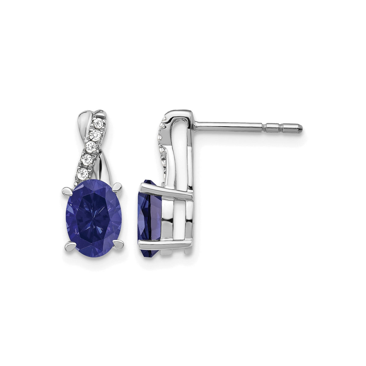 14k White Gold Drop Earrings with Oval Cut Sapphire and Diamond Accents in Crossover Design