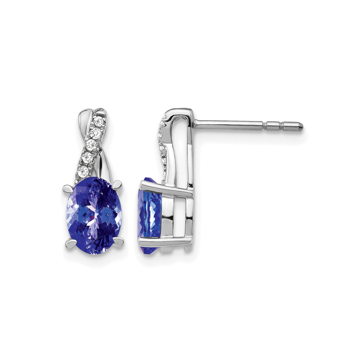 14k White Gold Stud Earrings with Tanzanite and Diamond, Oval Cut Gemstone, Elegant Style