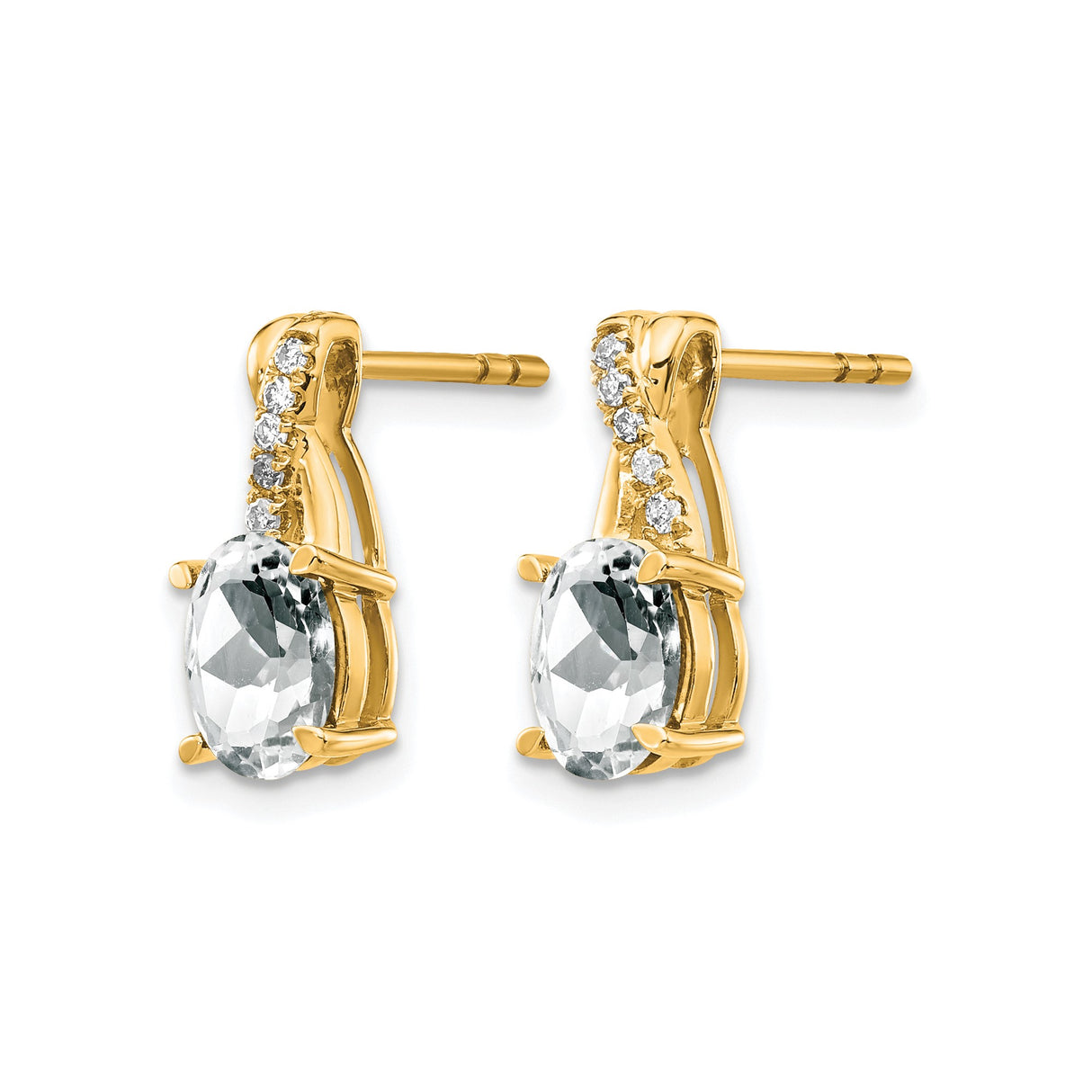 10k Yellow Gold Stud Earrings with Oval White Topaz and Diamond Accents, Twisted Design