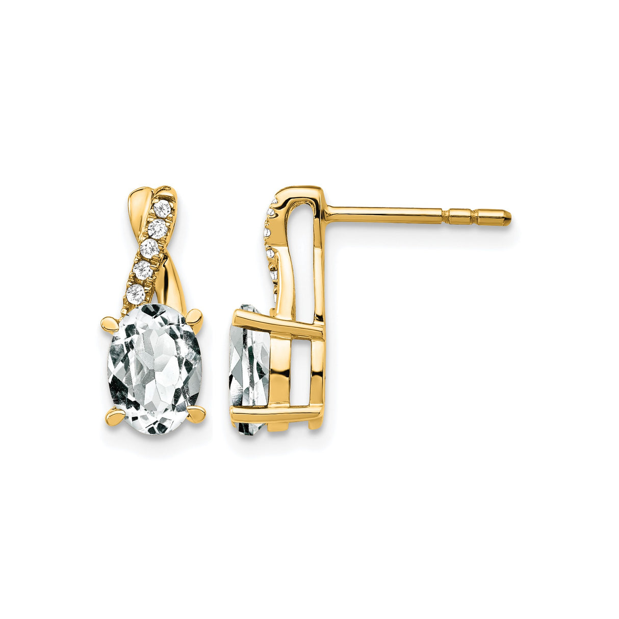 10k Yellow Gold Stud Earrings with Oval White Topaz and Diamond Accents, Twisted Design