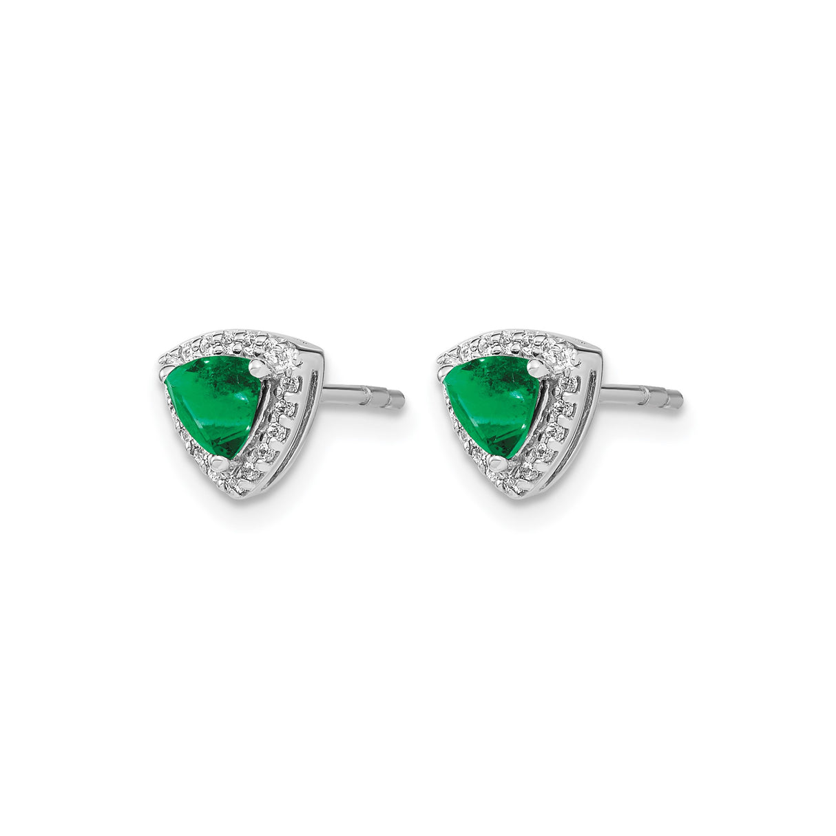 14k White Gold Stud Earrings with Trillion Cut Emerald and Diamond Halo