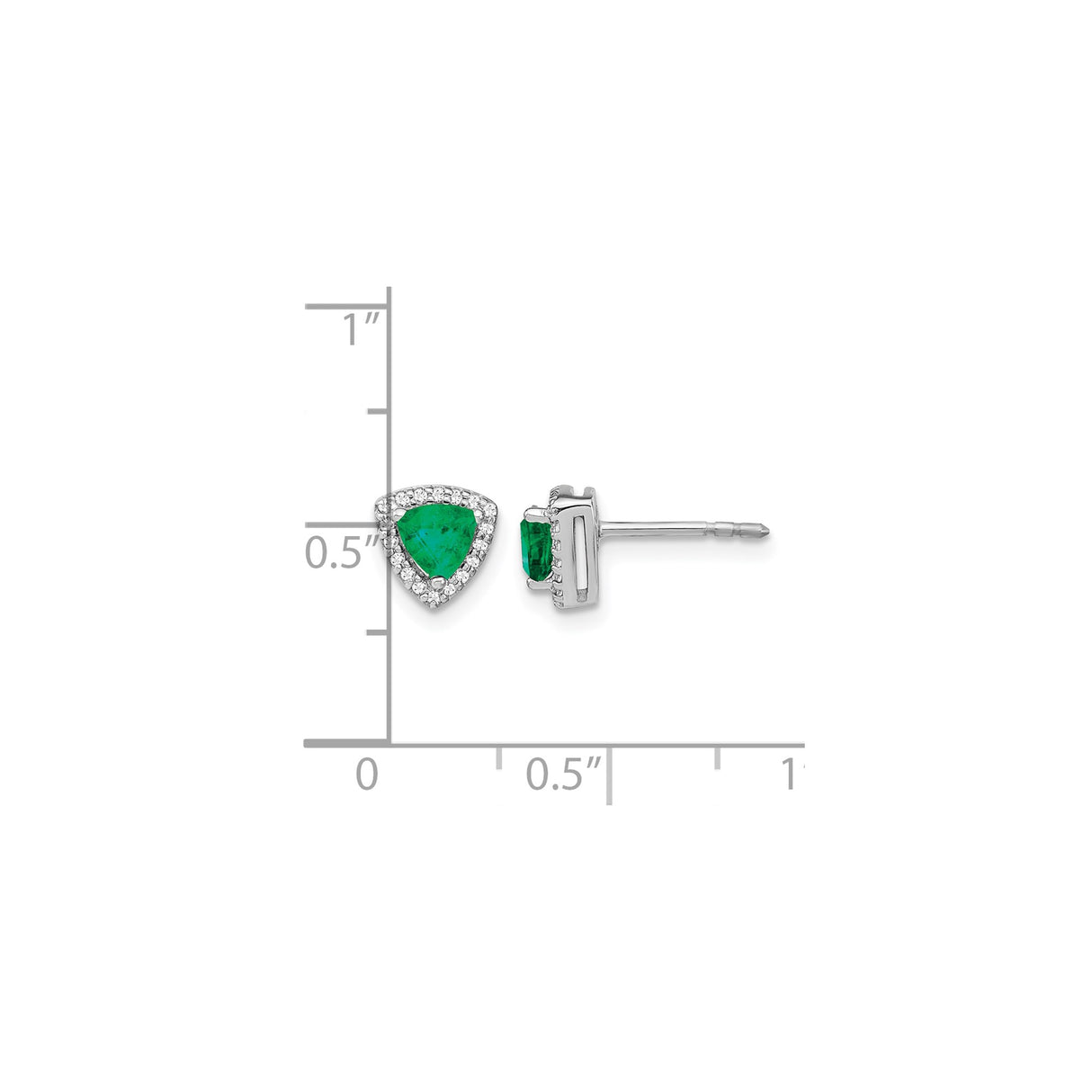 14k White Gold Stud Earrings with Trillion Cut Emerald and Diamond Halo