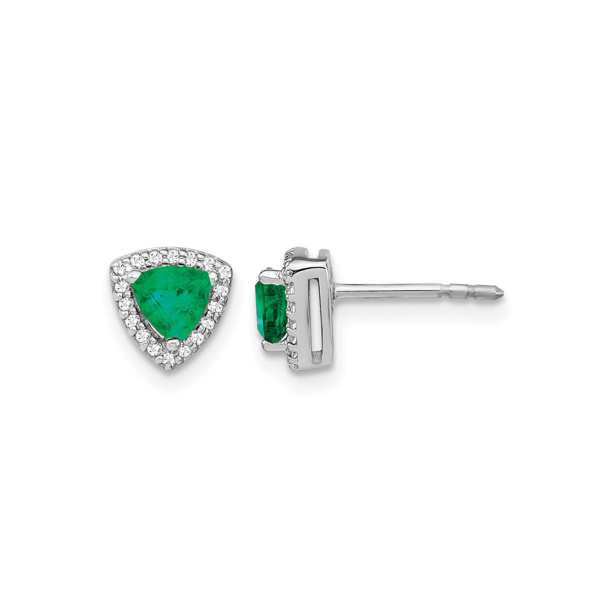 14k White Gold Stud Earrings with Trillion Cut Emerald and Diamond Halo