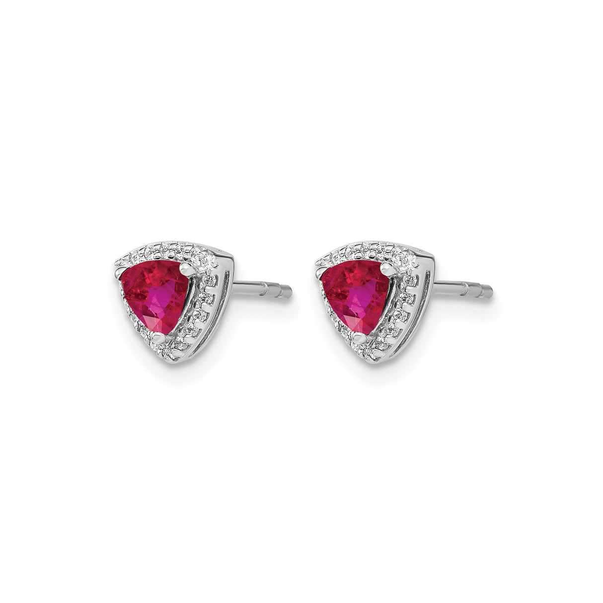 14k White Gold Ruby and Diamond Halo Stud Earrings, Trillion Cut Red Gemstone for Women
