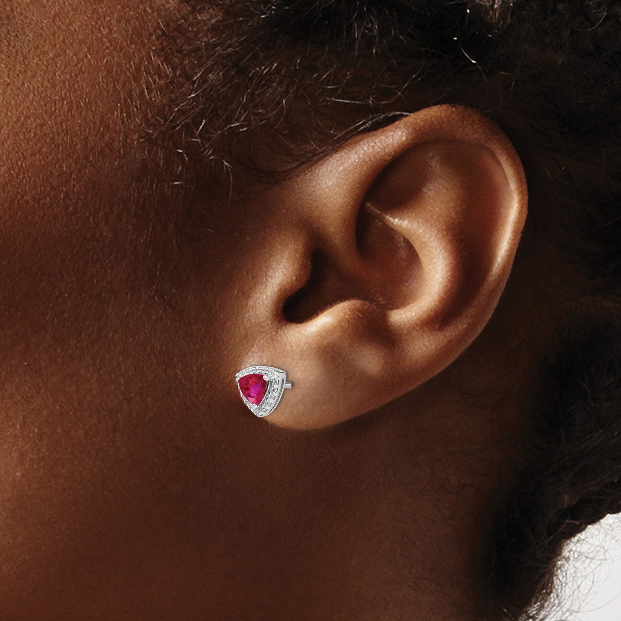 14k White Gold Ruby and Diamond Halo Stud Earrings, Trillion Cut Red Gemstone for Women