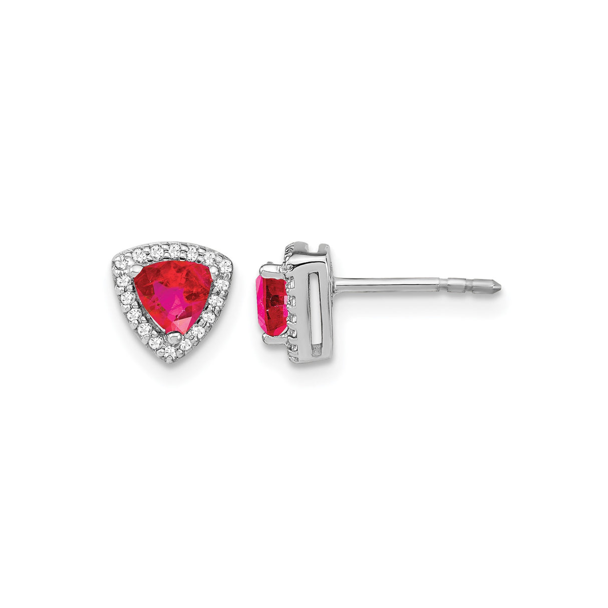 14k White Gold Ruby and Diamond Halo Stud Earrings, Trillion Cut Red Gemstone for Women